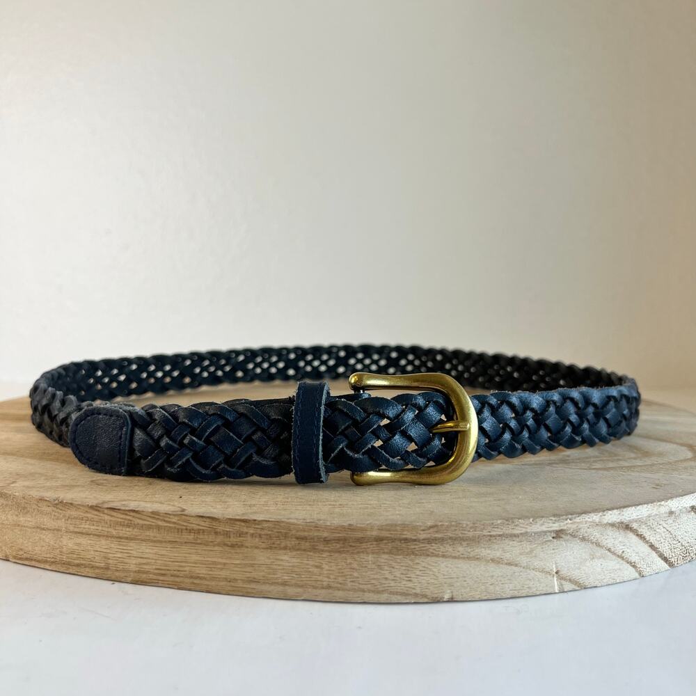 Blue Genuine Split Cowhide Genuine Leather Woven Weaved Gold Buckle Belt Size M